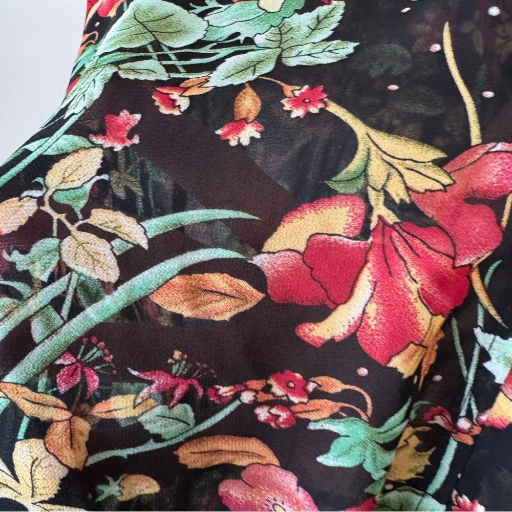 Floral Open Front Duster Kimono Black Botanical Boho Maxi Layering Cardigan - Picture 5 of 7